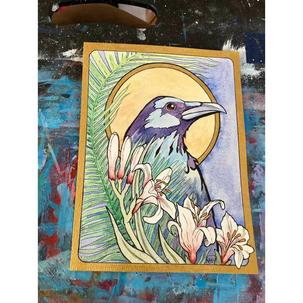original painting raven crow illustration style artwork signed Ooak art handmade - Picture 4 of 8